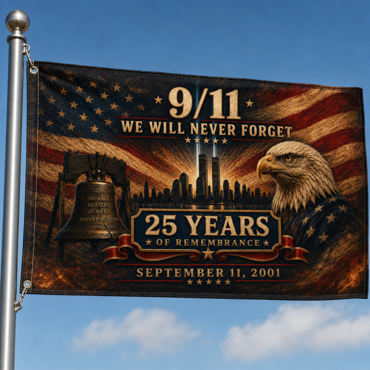 9/11 25th Anniversary Memorial House Flag — Skyline Rising Light