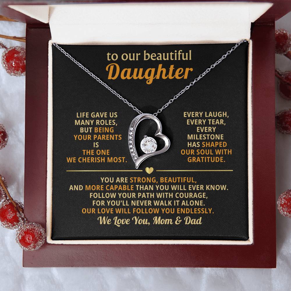 To My Beautiful Daughter, Follow Your Path with Courage (Keepsake Heart Necklace) - Mom & Dad