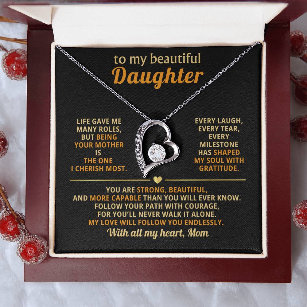 To My Beautiful Daughter, Follow Your Path with Courage (Keepsake Heart Necklace) - Mom