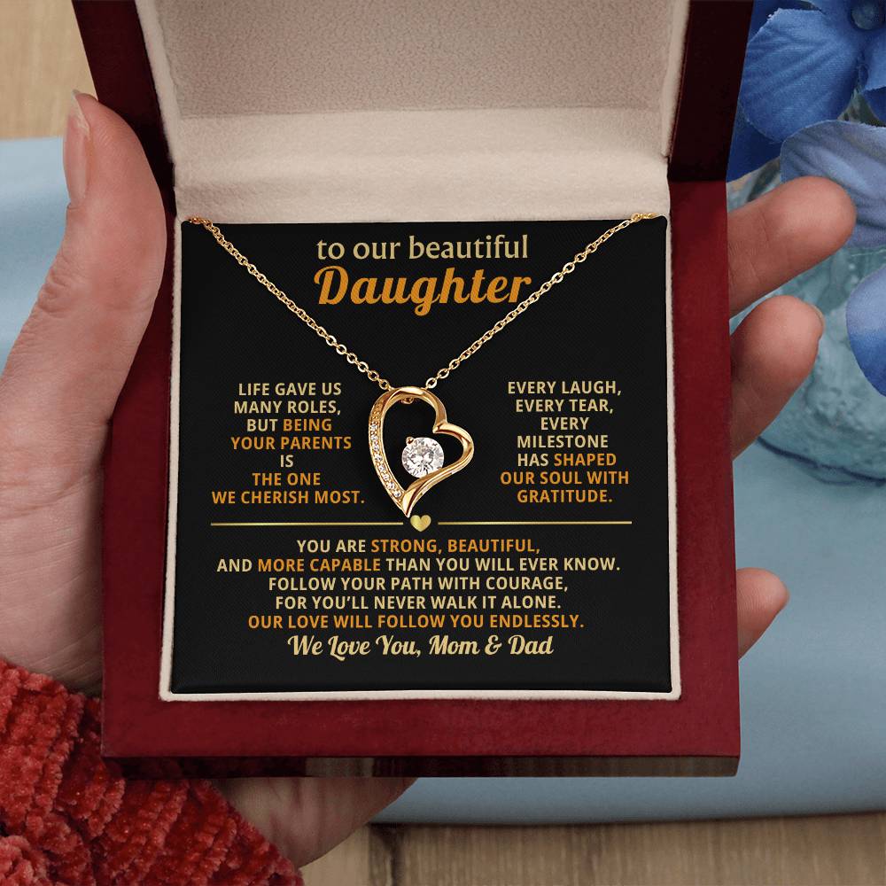 To My Beautiful Daughter, Follow Your Path with Courage (Keepsake Heart Necklace) - Mom & Dad