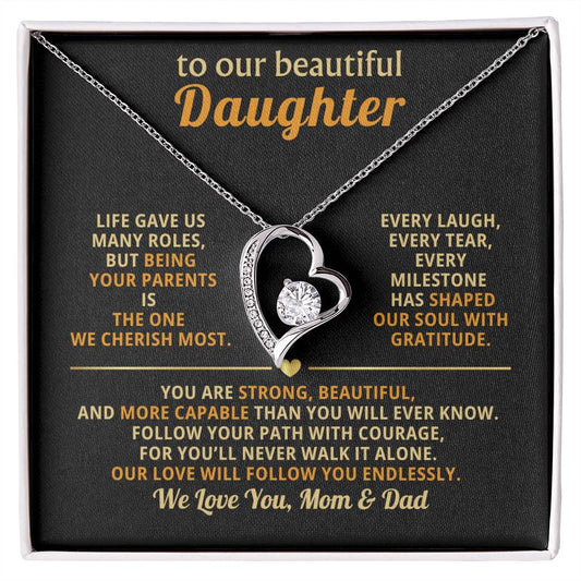 To My Beautiful Daughter, Follow Your Path with Courage (Keepsake Heart Necklace) - Mom & Dad