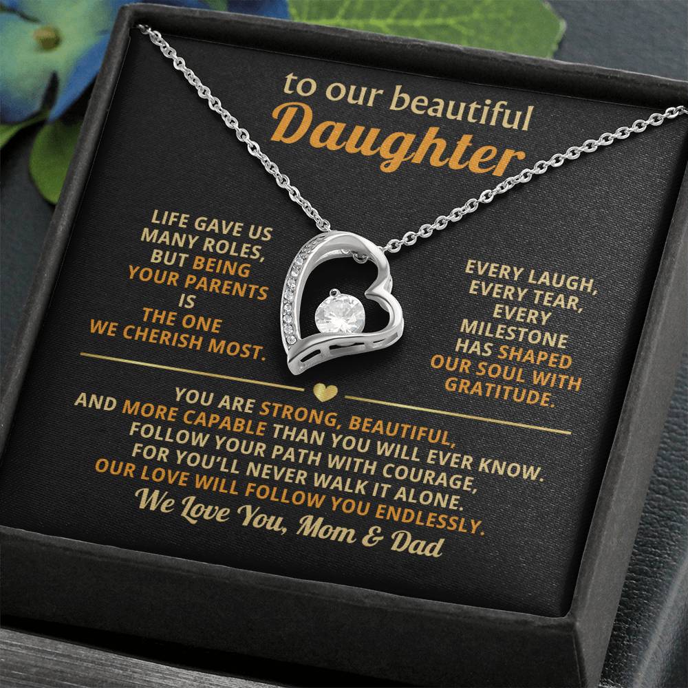 To My Beautiful Daughter, Follow Your Path with Courage (Keepsake Heart Necklace) - Mom & Dad