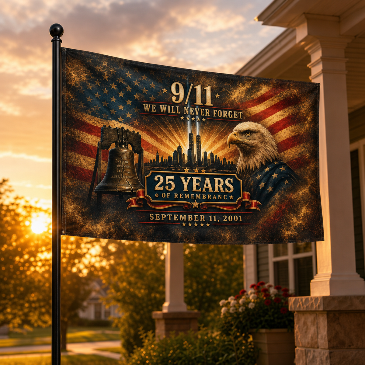 9/11 25th Anniversary Memorial House Flag — Golden Tribute