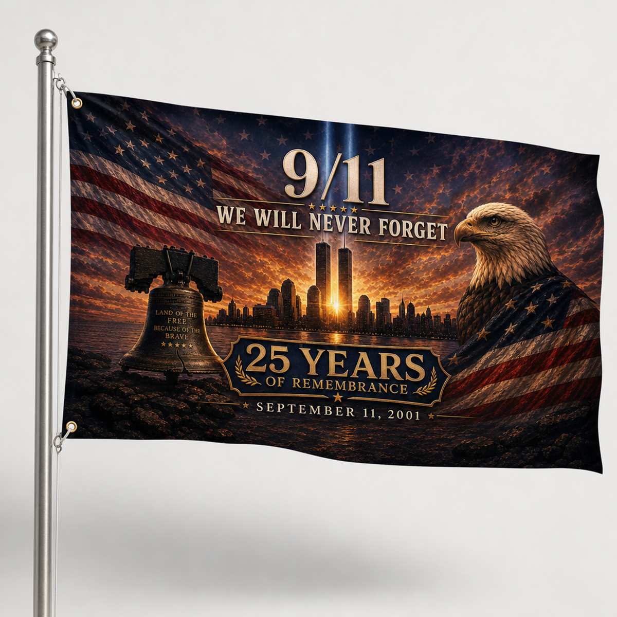9/11 25th Anniversary Memorial House Flag — Twin Beams at Dusk