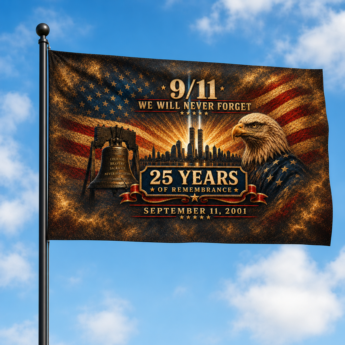 9/11 25th Anniversary Memorial House Flag — Golden Tribute