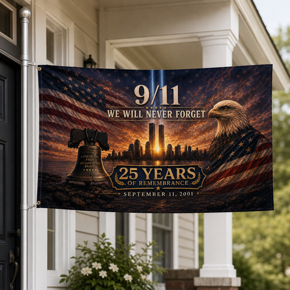 9/11 25th Anniversary Memorial House Flag — Twin Beams at Dusk