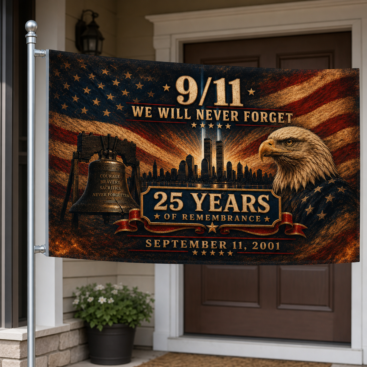 9/11 25th Anniversary Memorial House Flag — Skyline Rising Light