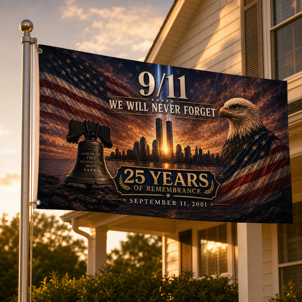 9/11 25th Anniversary Memorial House Flag — Twin Beams at Dusk