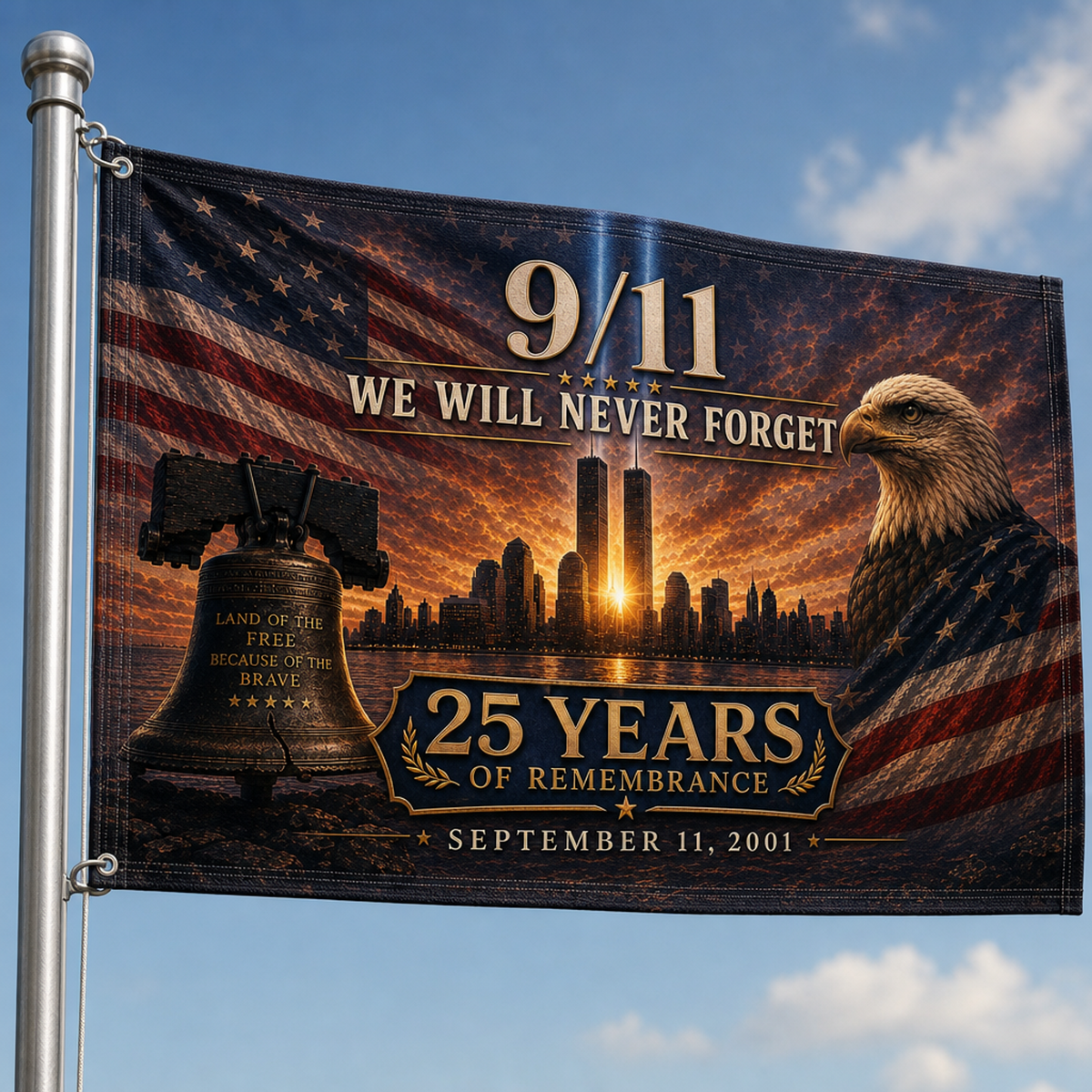 9/11 25th Anniversary Memorial House Flag — Twin Beams at Dusk