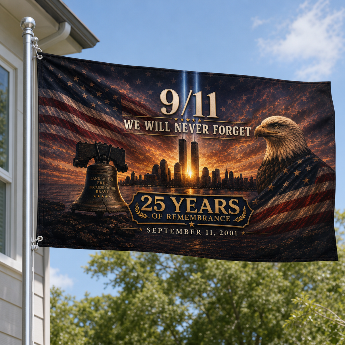 9/11 25th Anniversary Memorial House Flag — Twin Beams at Dusk