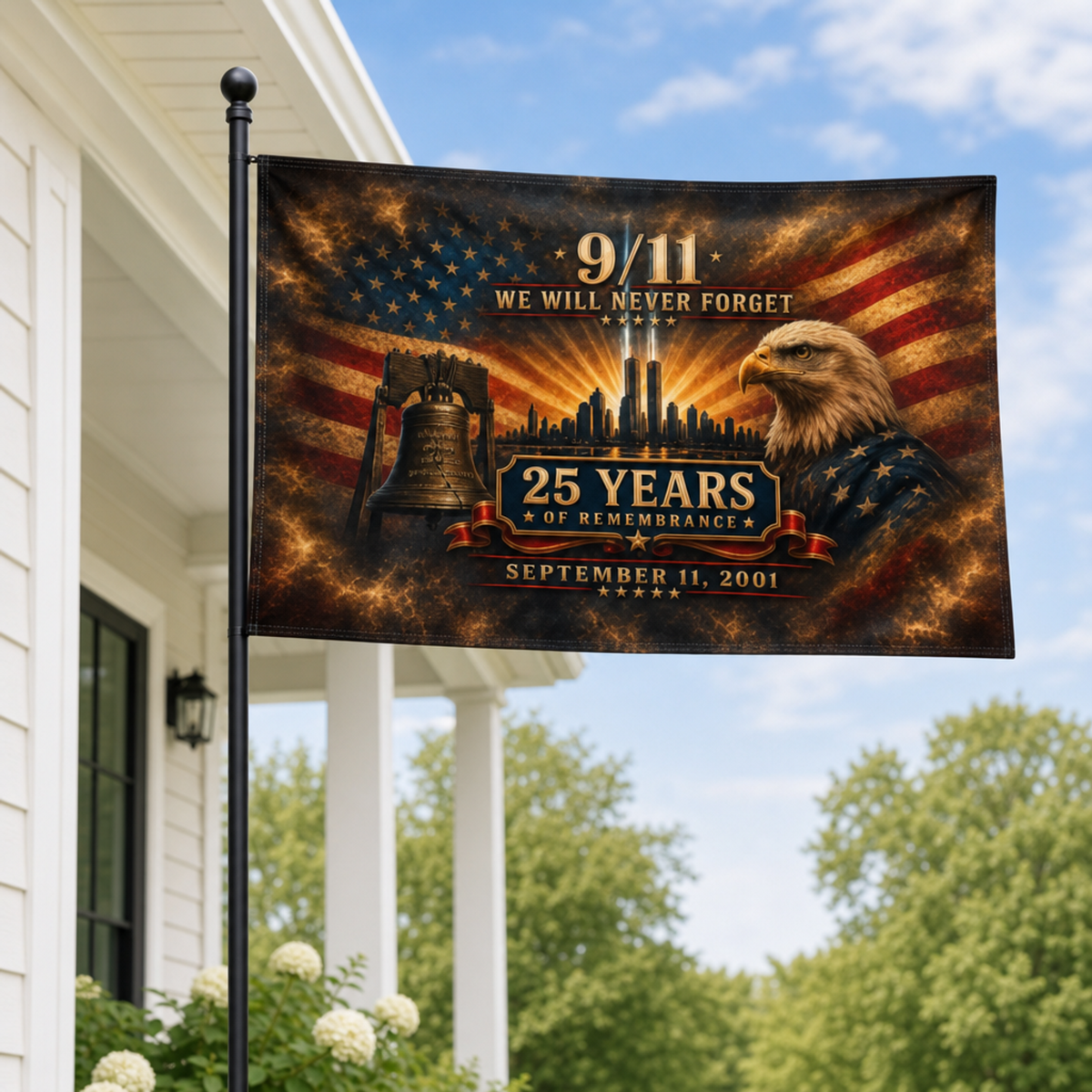 9/11 25th Anniversary Memorial House Flag — Golden Tribute
