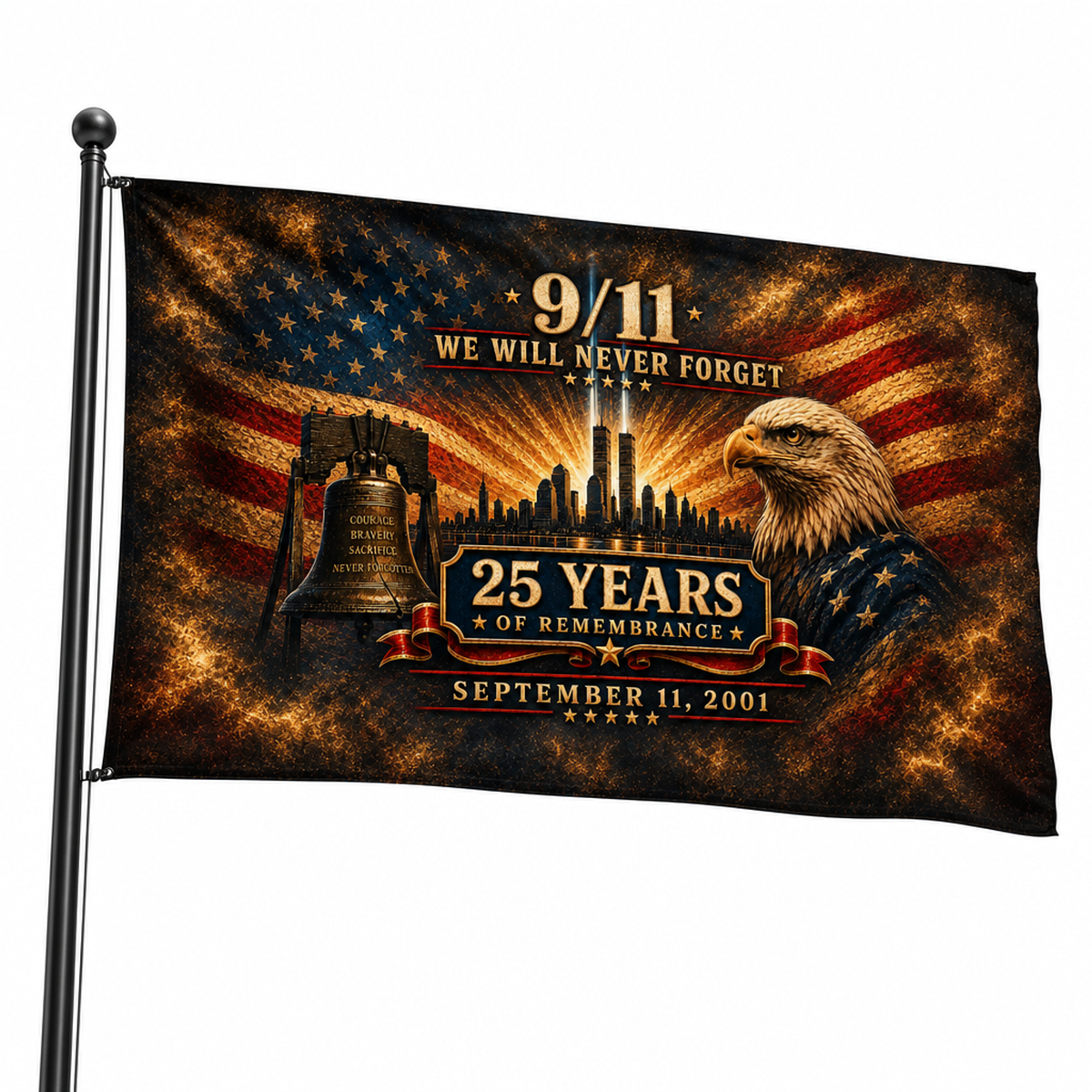 9/11 25th Anniversary Memorial House Flag — Golden Tribute