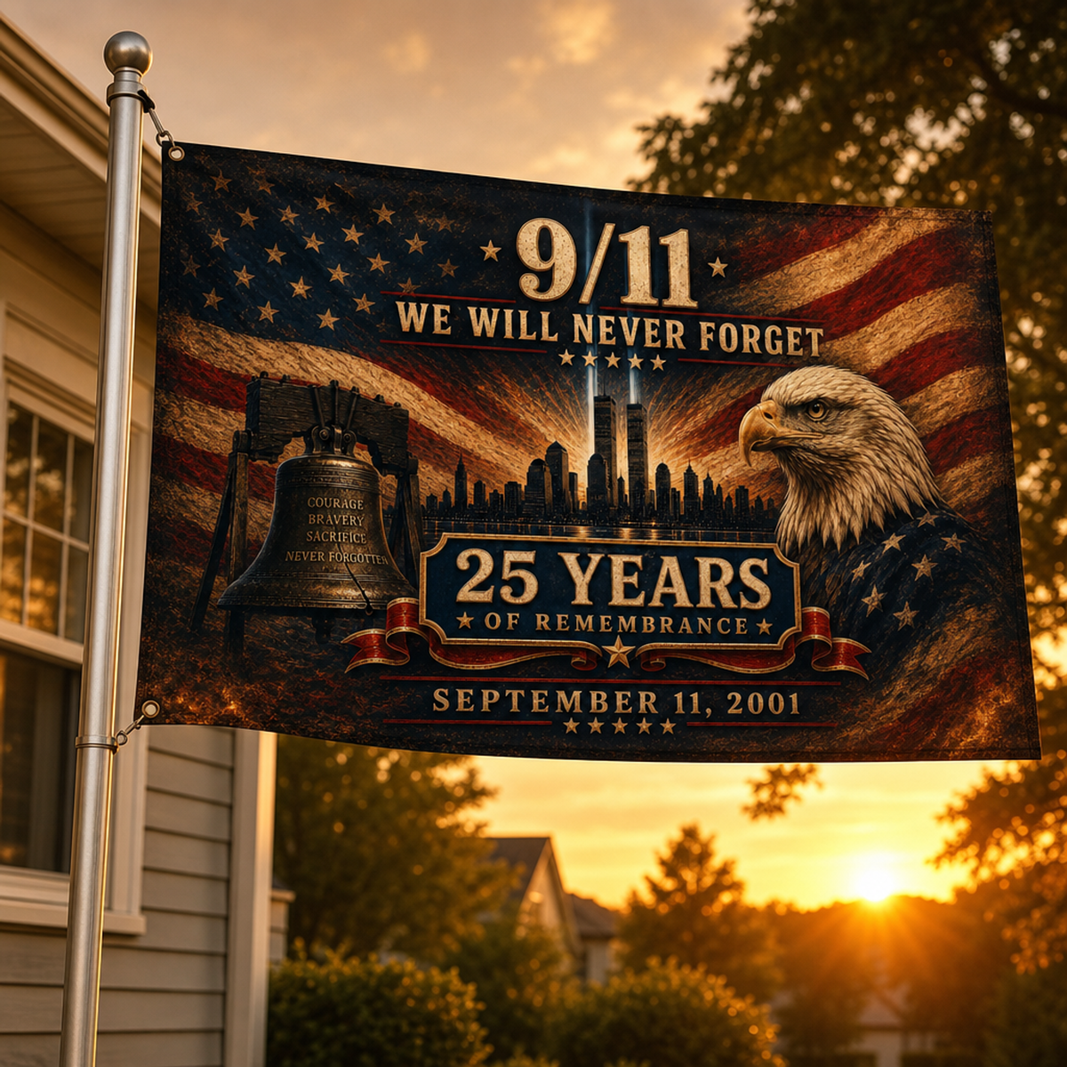 9/11 25th Anniversary Memorial House Flag — Skyline Rising Light